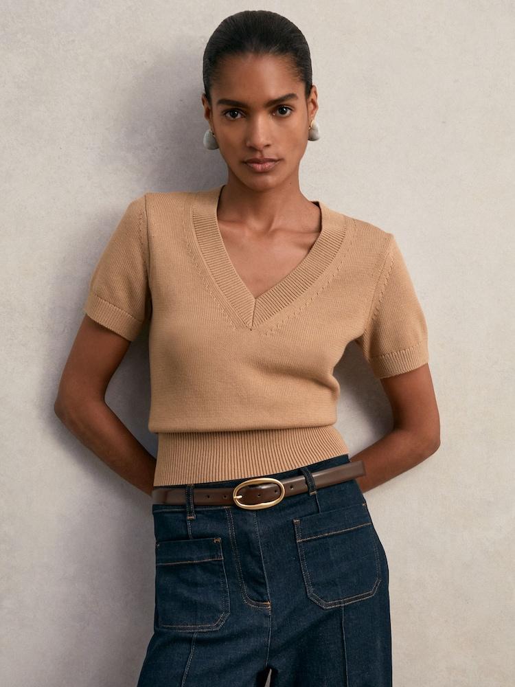 reiss Cotton-Wool Knit V-Neck Top in Camel