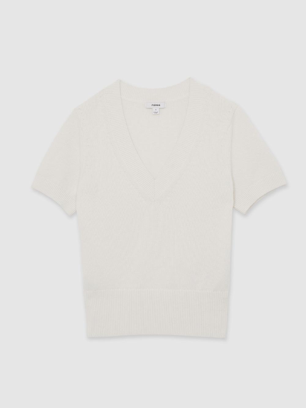 Reiss Cotton-Wool Knit V-Neck Top In Ivory