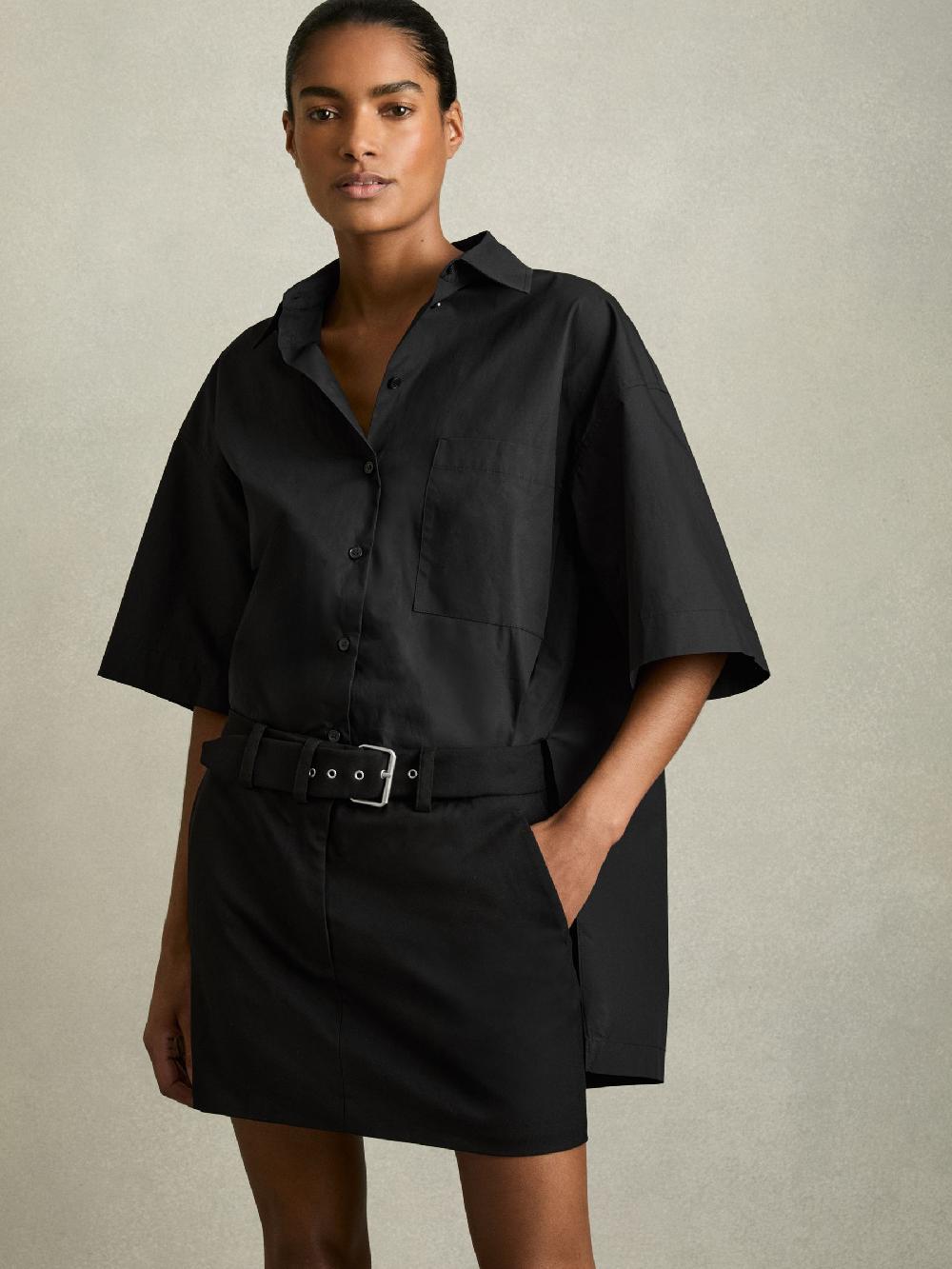 Reiss Cotton Woven Belted Shirt Dress In Black