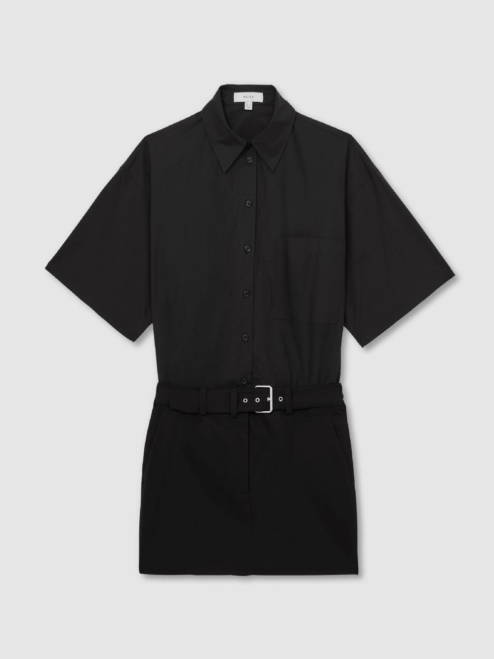 Reiss Cotton Woven Belted Shirt Dress In Black