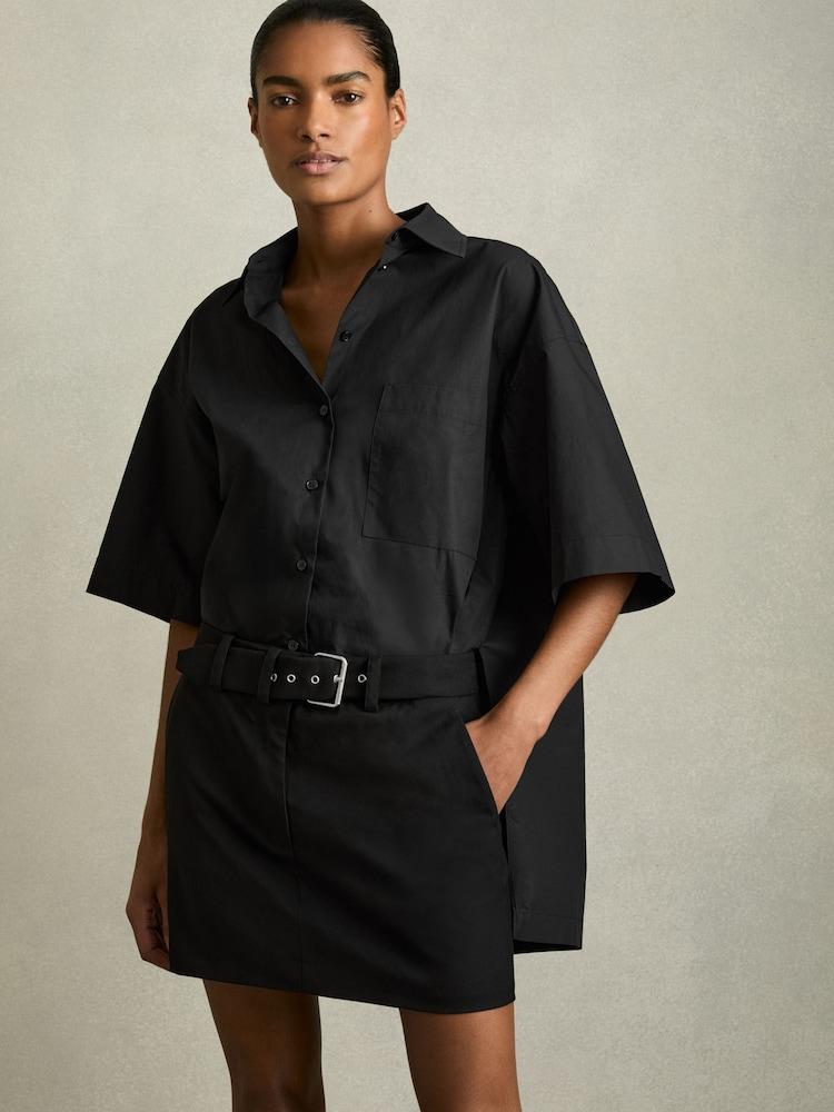 reiss Cotton Woven Belted Shirt Dress in Black