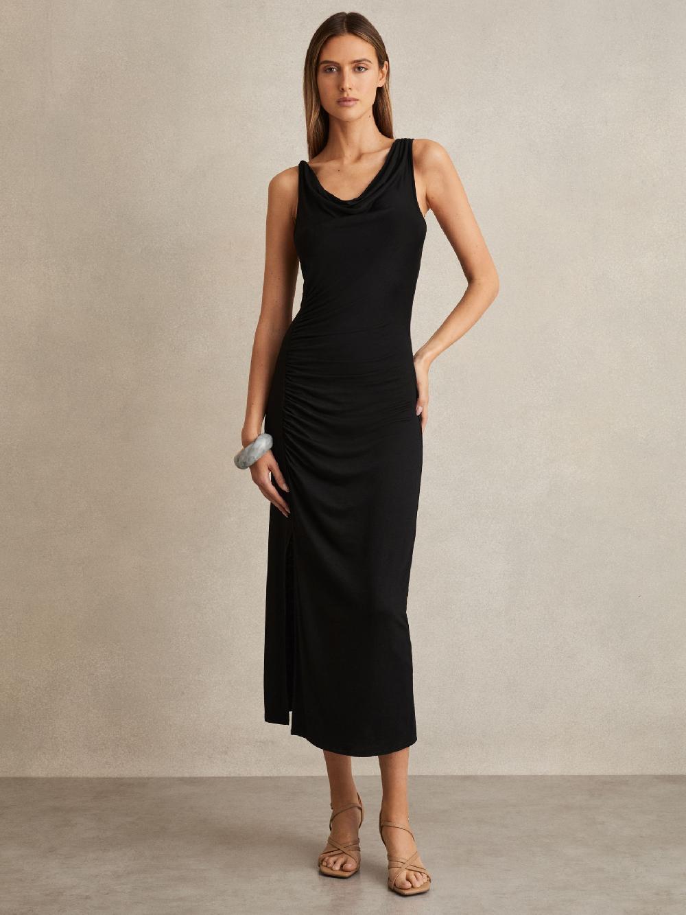 Reiss Cowl-Neck Ruched Jersey Midi Dress In Black