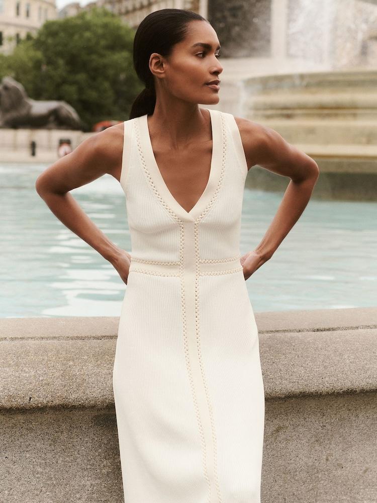 reiss Craft-Stitch Knitted Midi Dress in Ivory