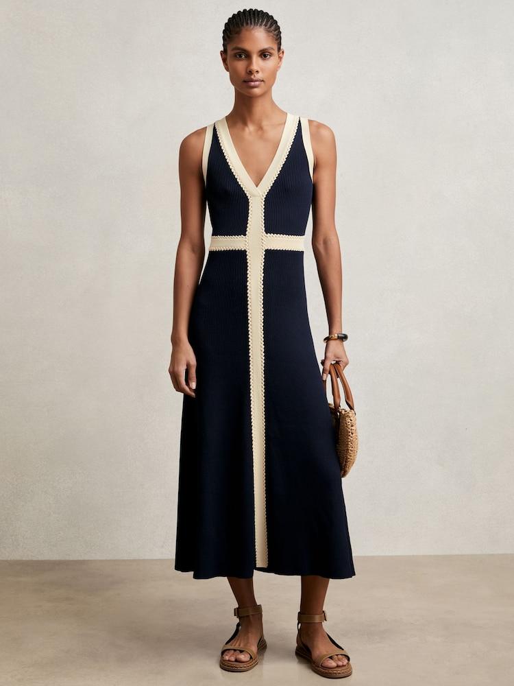 reiss Craft-Stitch Knitted Midi Dress in Navy