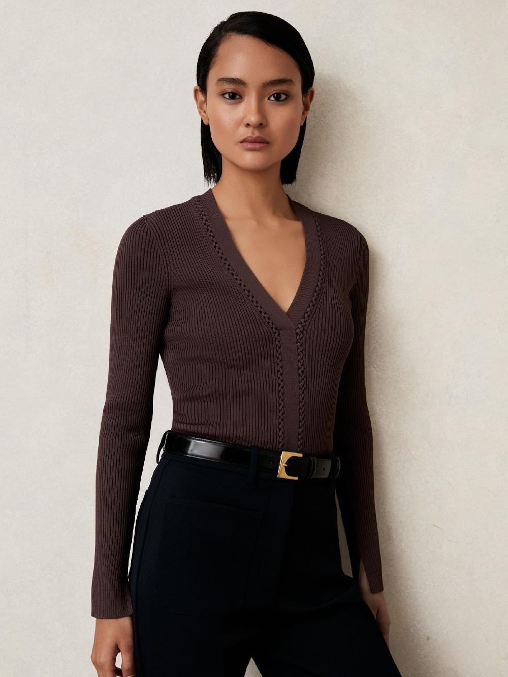 Reiss Craft-Stitch Rib-Knit Top In Mocha Brown