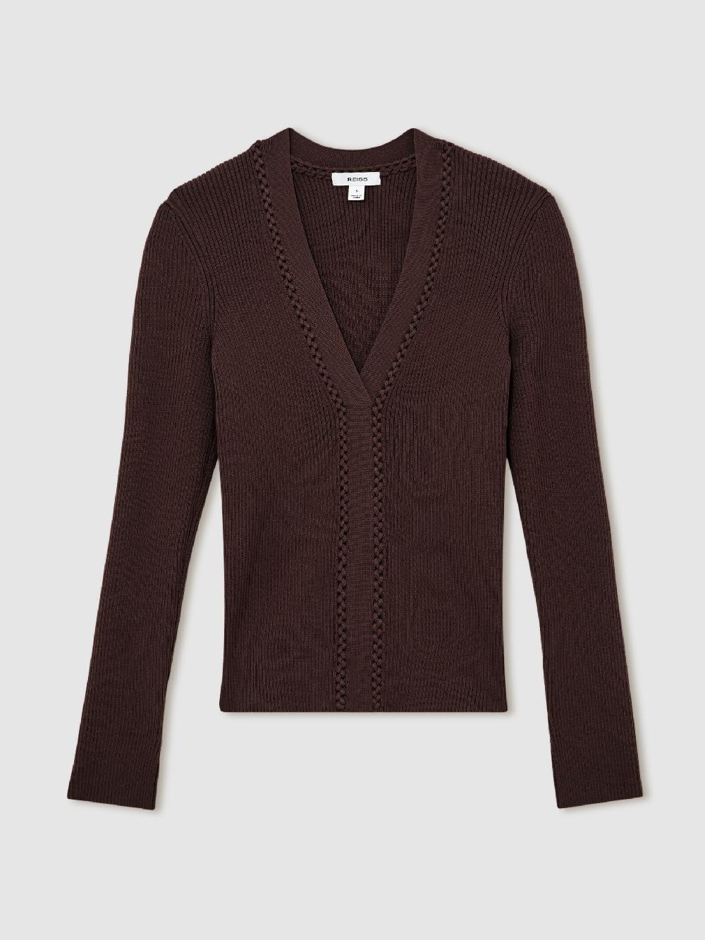 Reiss Craft-Stitch Rib-Knit Top In Mocha Brown
