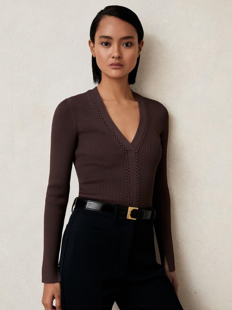 reiss Craft-Stitch Rib-Knit Top in Mocha Brown