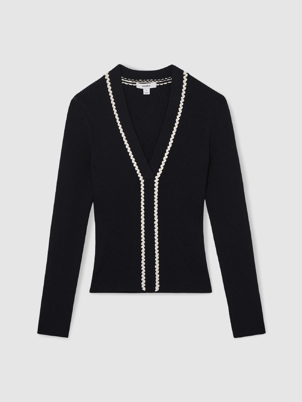 Reiss Craft-Stitch Rib-Knit Top In Navy/White