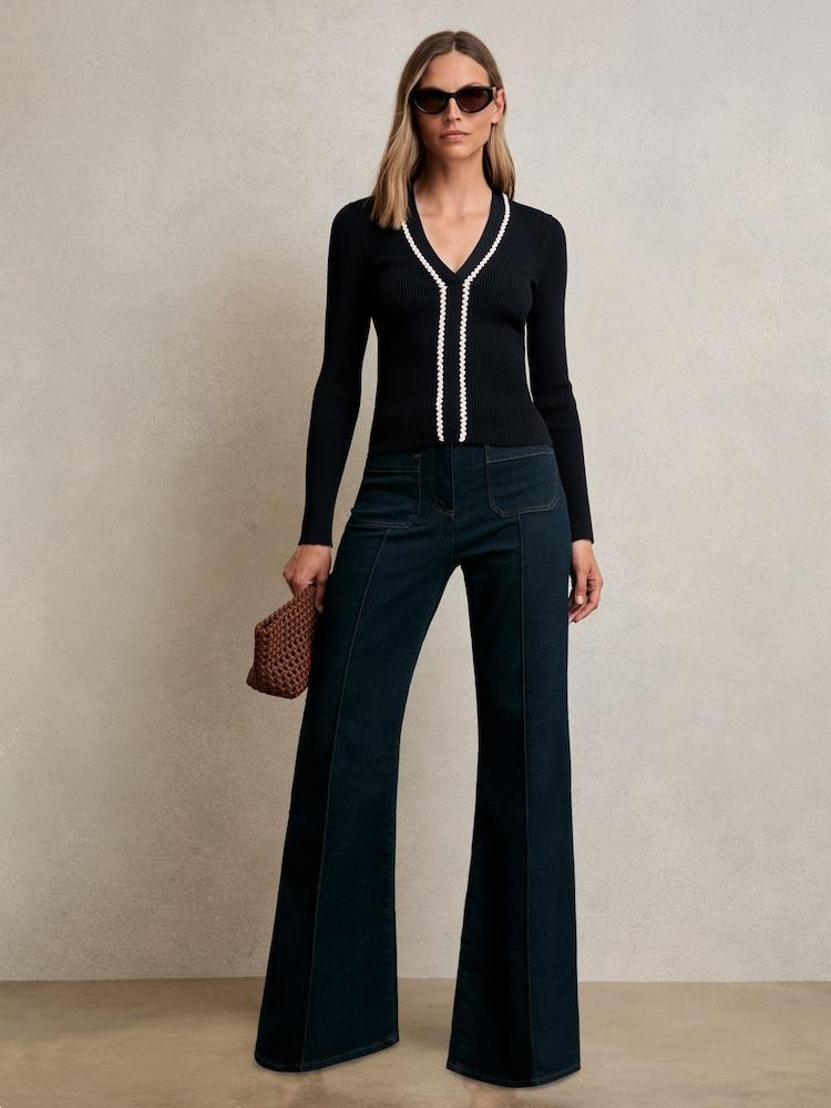 reiss Craft-Stitch Rib-Knit Top in Navy/White