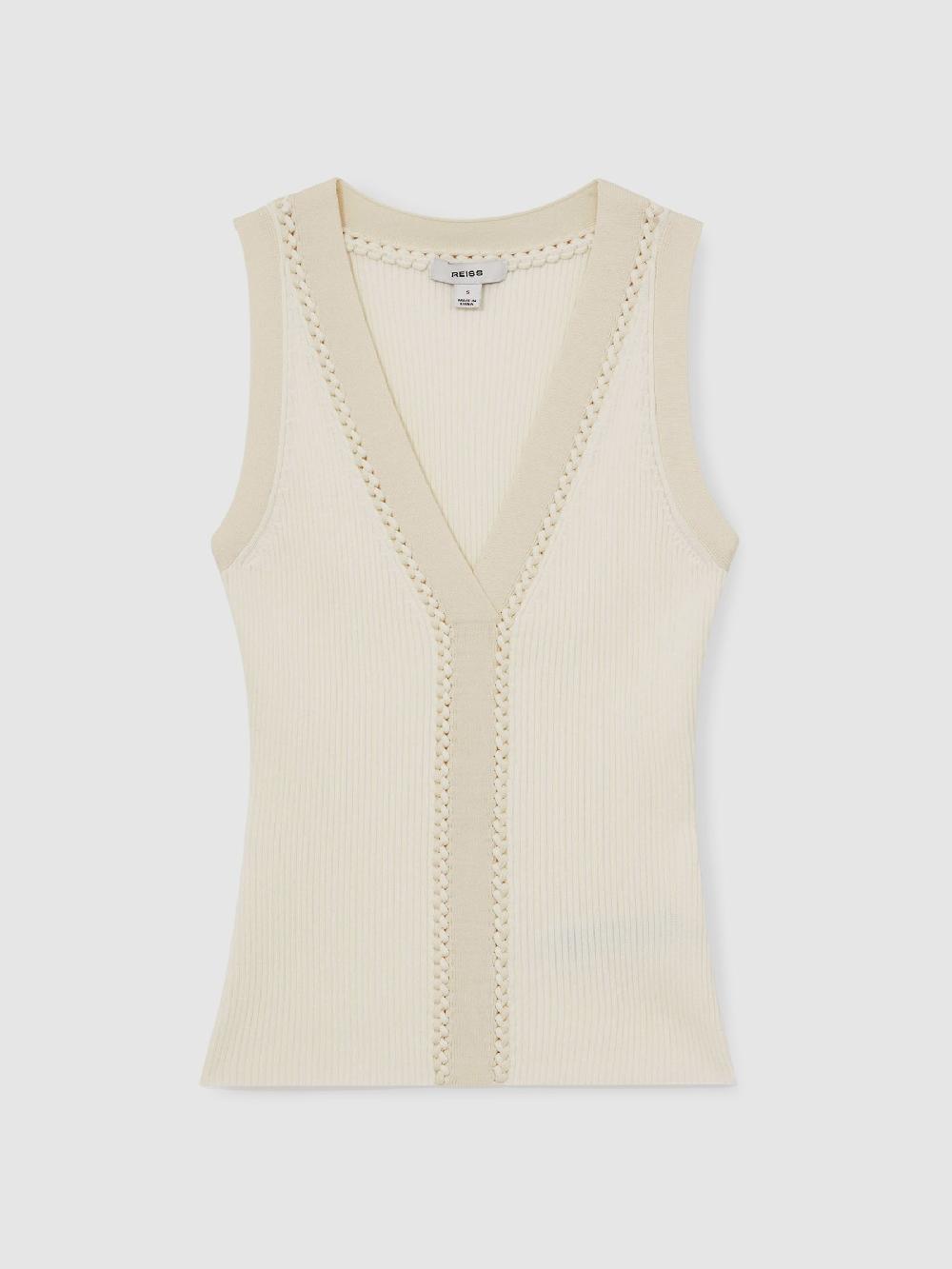 Reiss Craft-Stitch Rib-Knit Vest In Ivory/Ecru