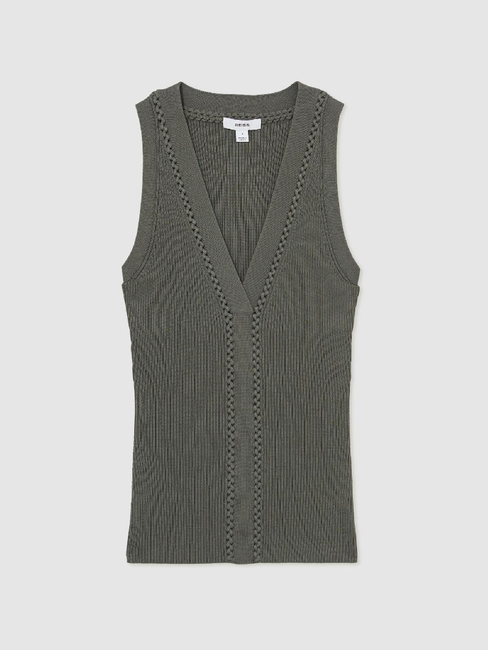 Reiss Craft-Stitch Rib-Knit Vest In Khaki Green