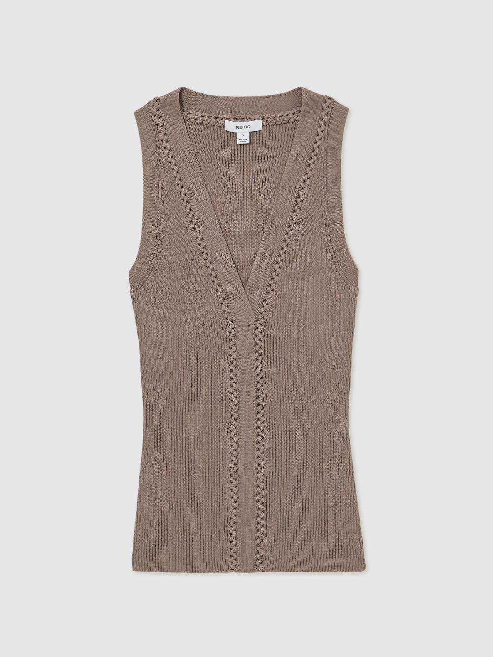 Reiss Craft-Stitch Rib-Knit Vest In Mink
