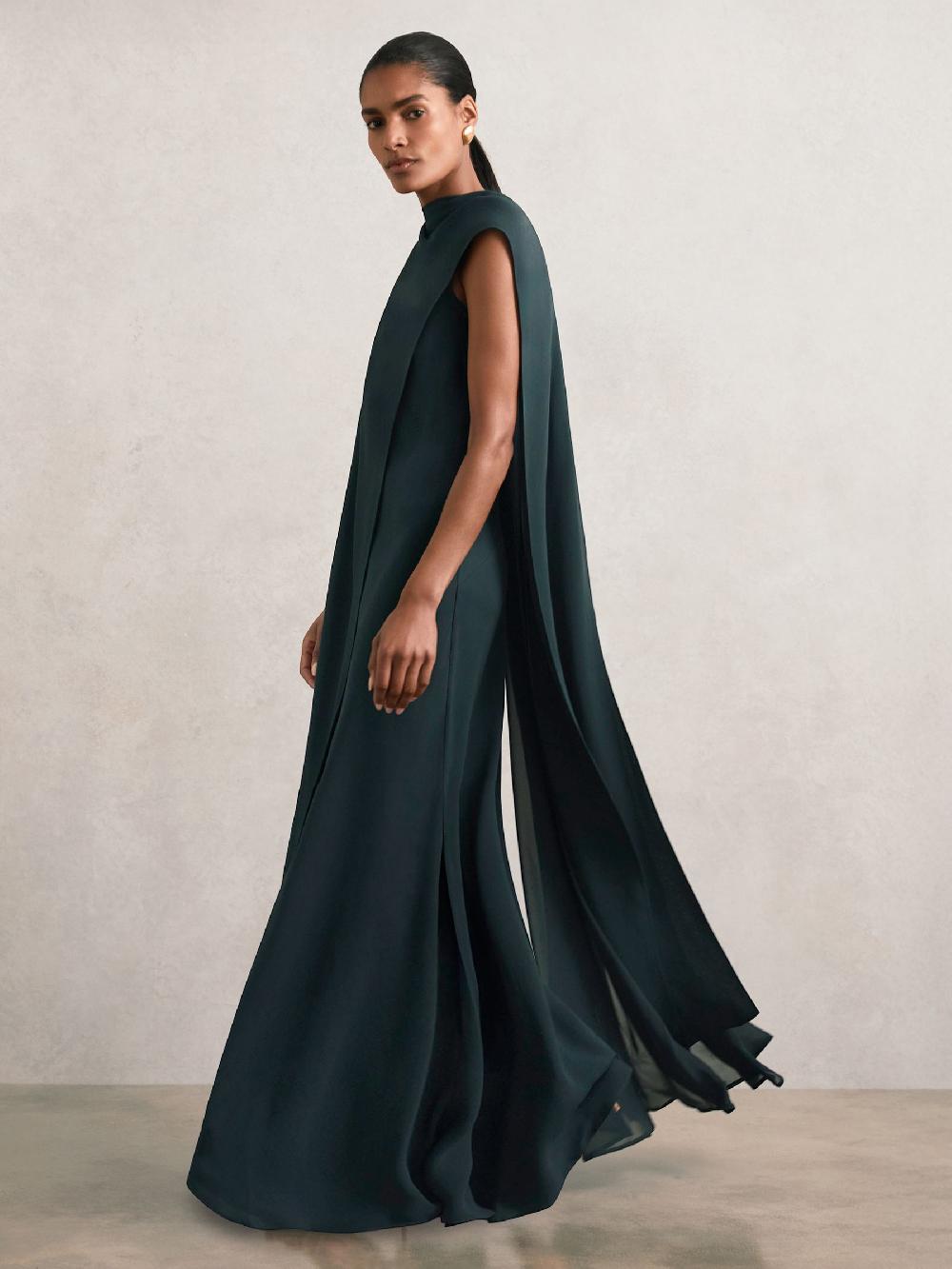 Reiss Crepe Cape Maxi Dress In Teal Green