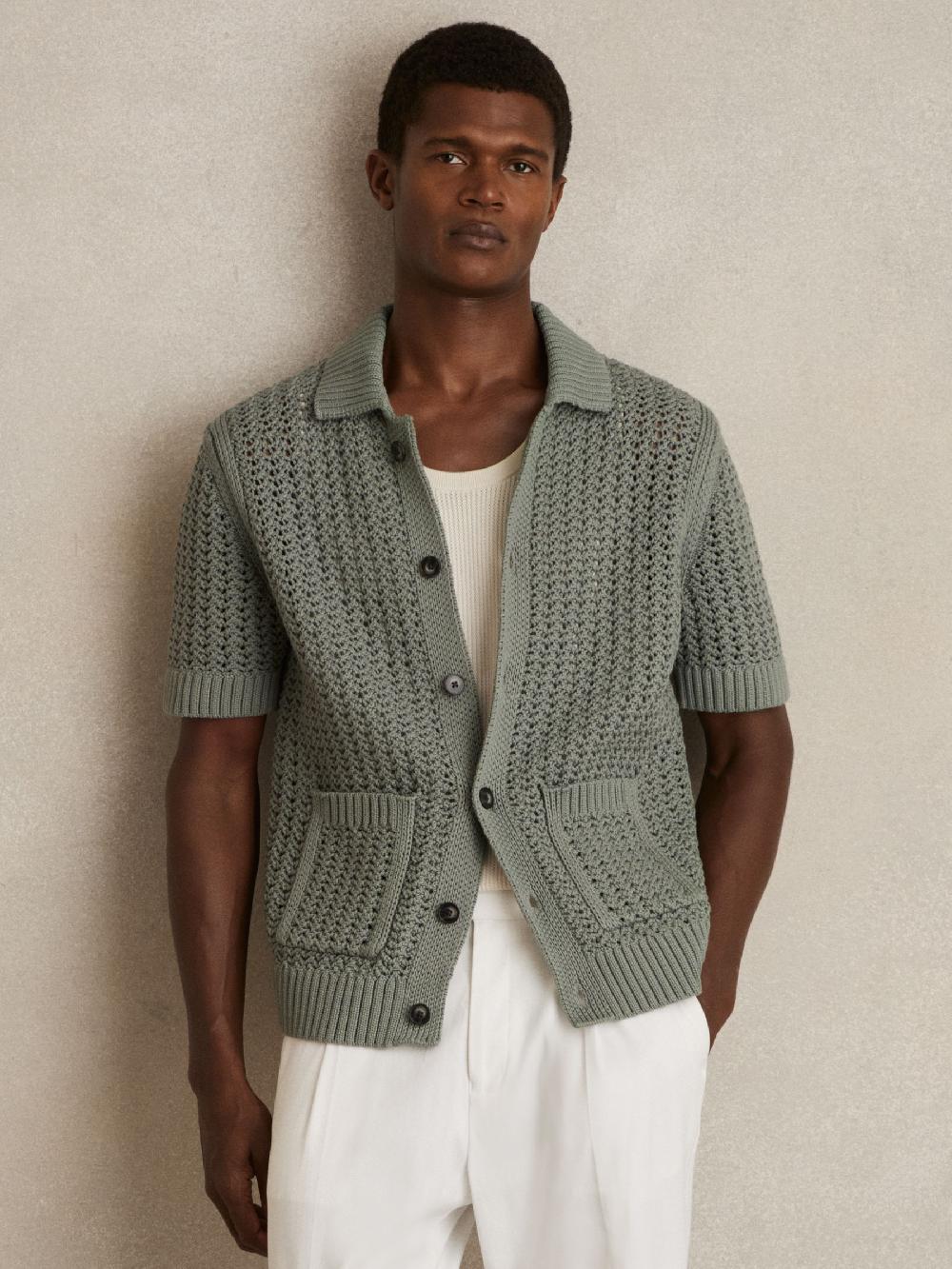 Reiss Crochet Button-Through Shirt In Sage Green