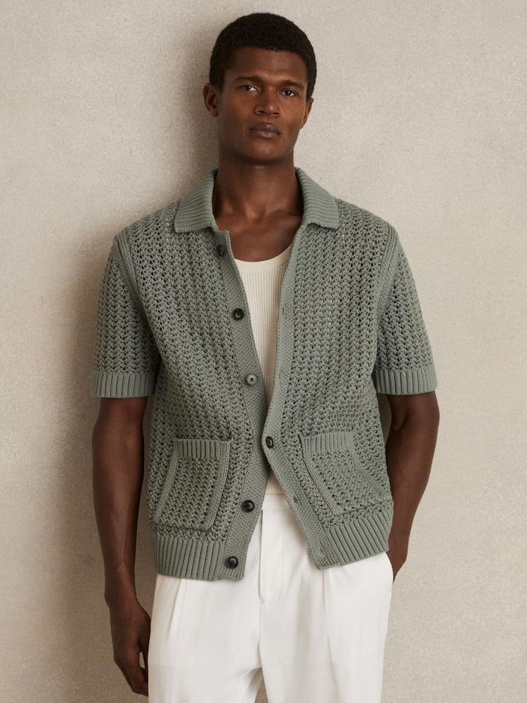 reiss Crochet Button-Through Shirt in Sage Green