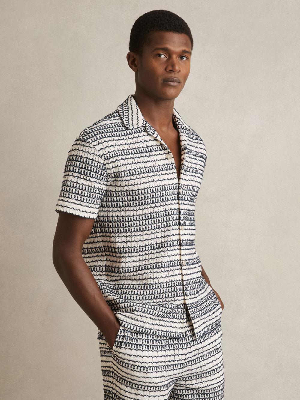 Reiss Crochet Cuban-Collar Shirt In White/Black