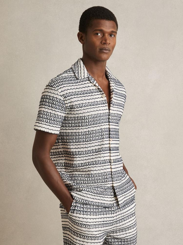 reiss Crochet Cuban-Collar Shirt in White/Black