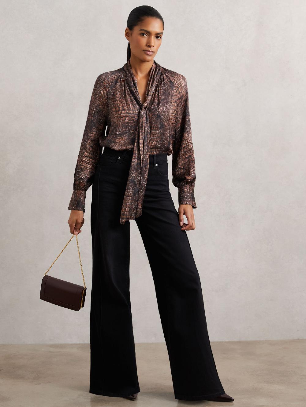 Reiss Crocodile-Print Tie-Neck Blouse In Brown