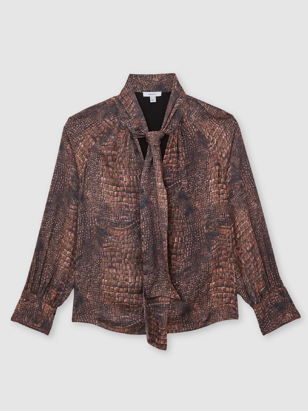 Reiss Crocodile-Print Tie-Neck Blouse In Brown