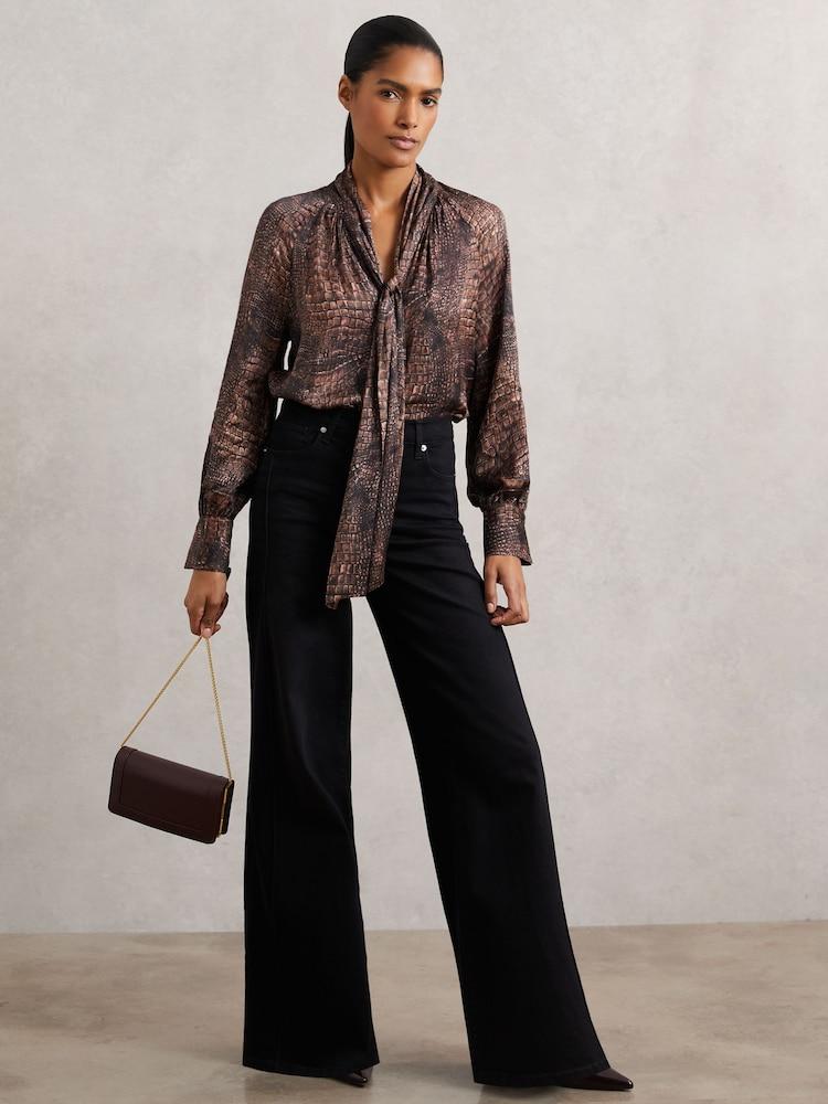 reiss Crocodile-Print Tie-Neck Blouse in Brown