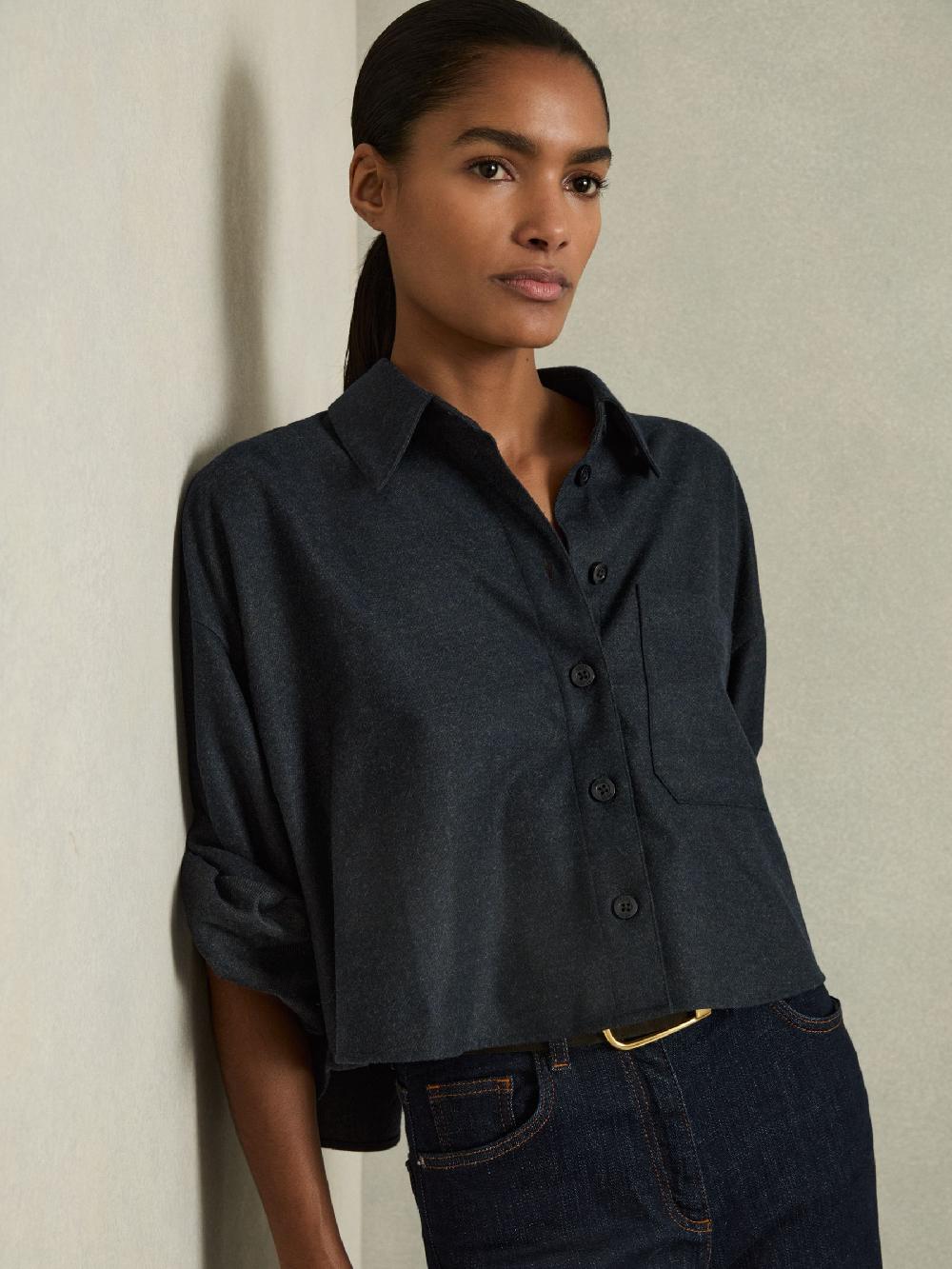 Reiss Cropped Flannel Shirt In Navy