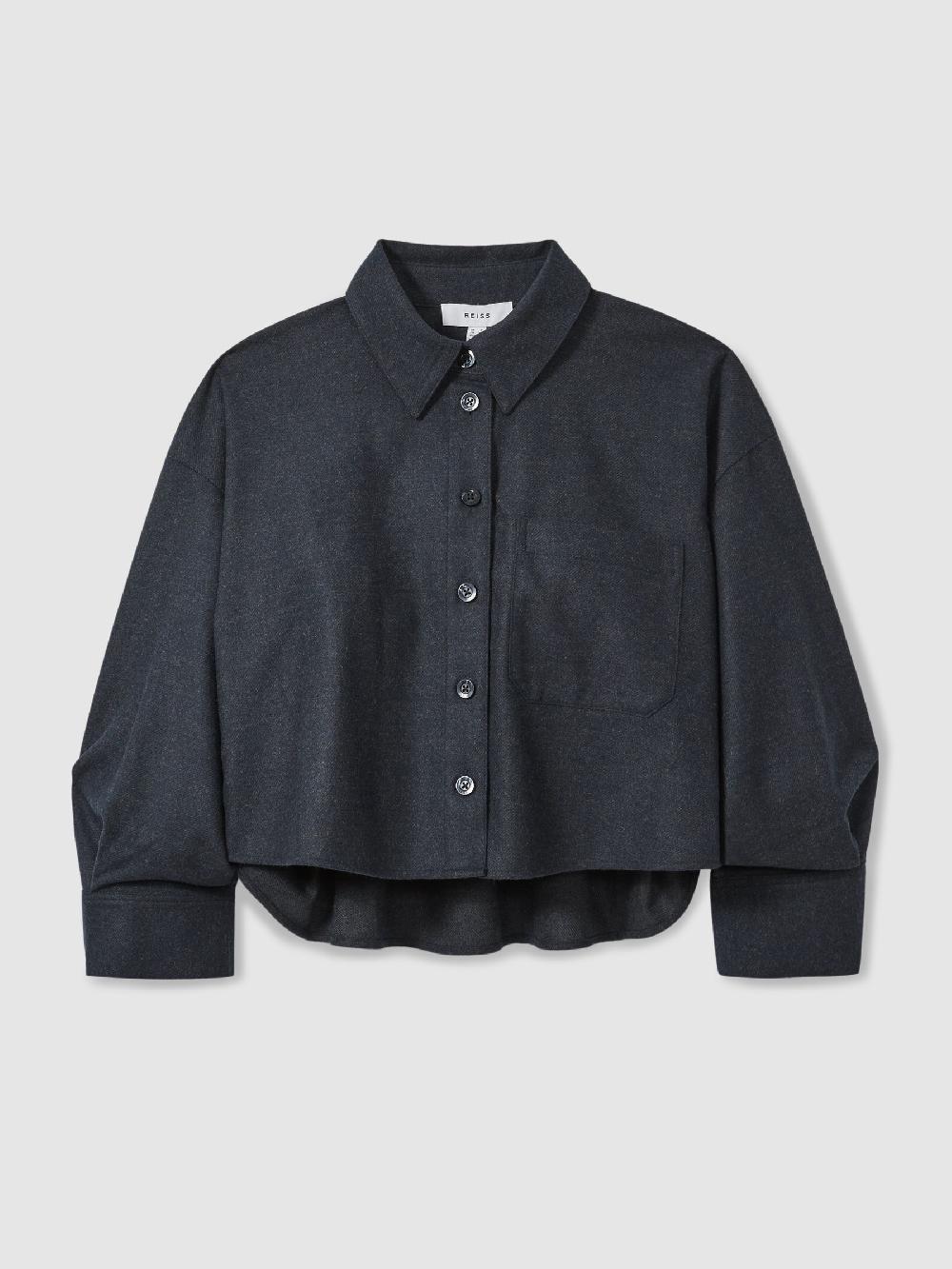 Reiss Cropped Flannel Shirt In Navy