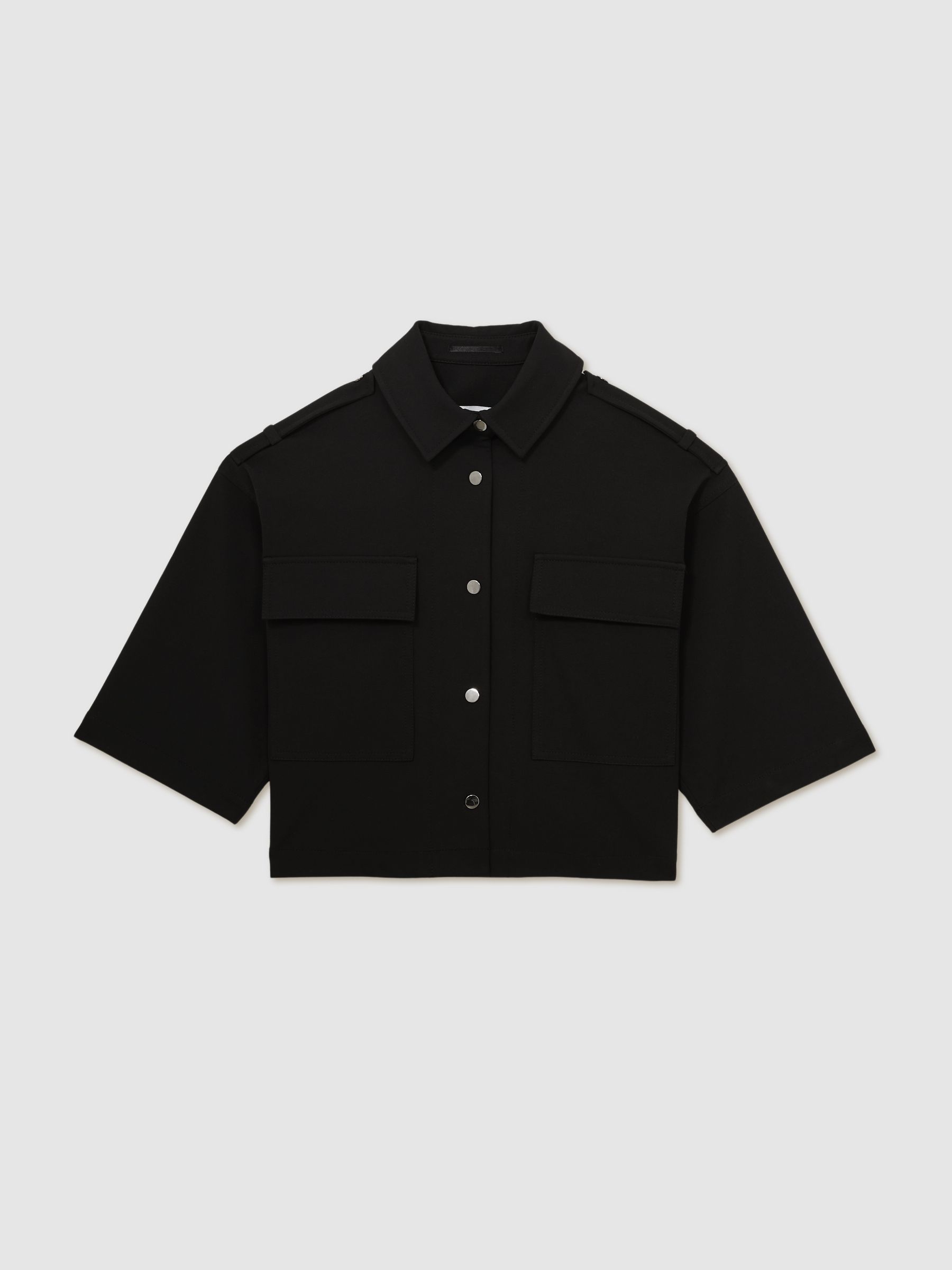 Reiss Cropped Twill Shirt Jacket In Black