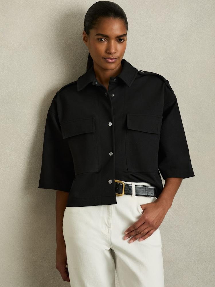 reiss Cropped Twill Shirt Jacket in Black