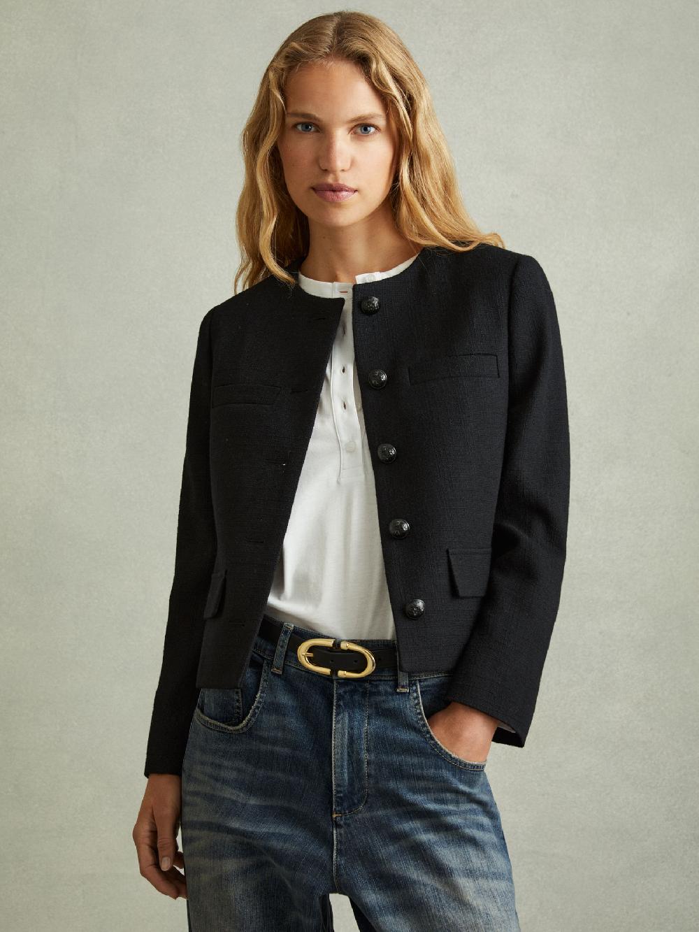 Reiss Cropped Wool Single Breasted Jacket In Black