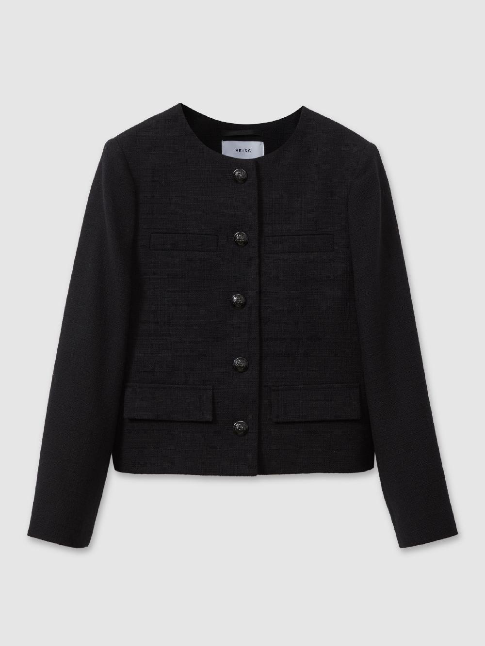 Reiss Cropped Wool Single Breasted Jacket In Black