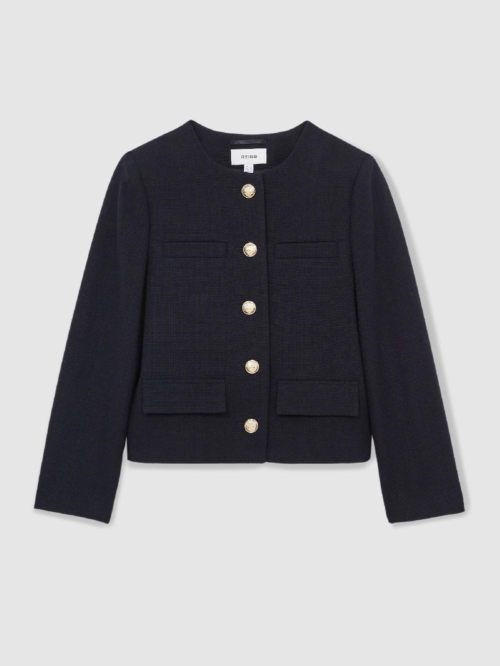 Reiss Cropped Wool Single Breasted Jacket In Navy