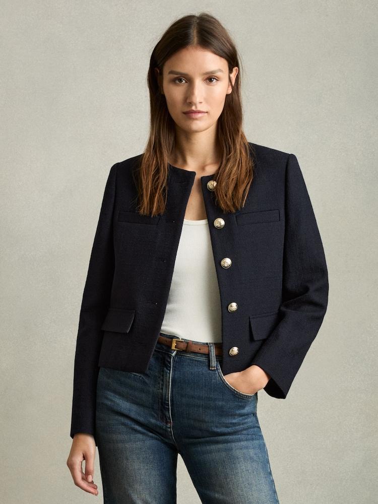 reiss Cropped Wool Single Breasted Jacket in Navy