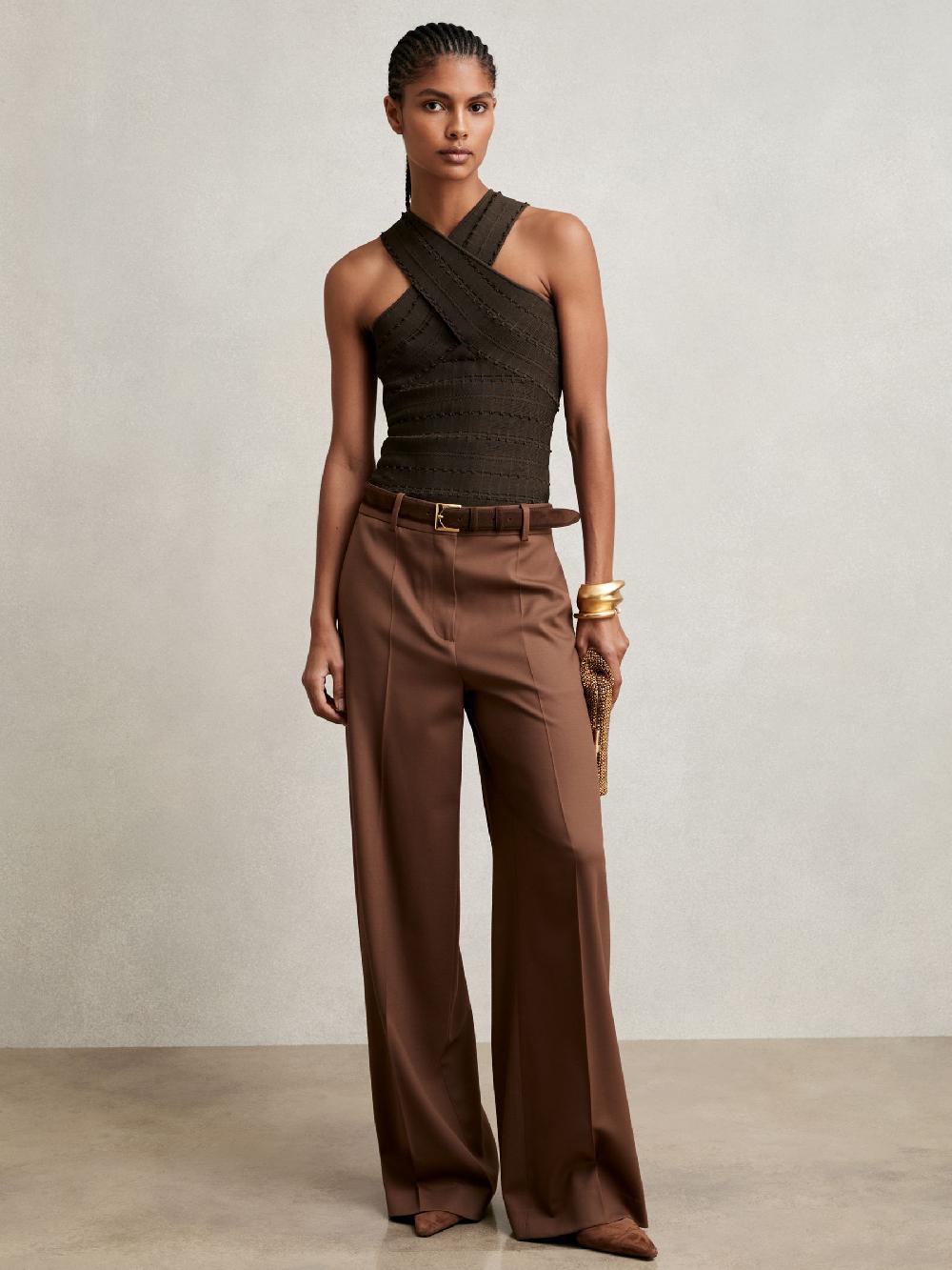 Reiss Cross Neck Textured Top In Chocolate