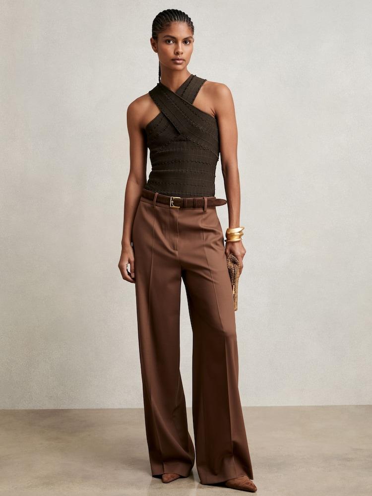 reiss Cross Neck Textured Top in Chocolate