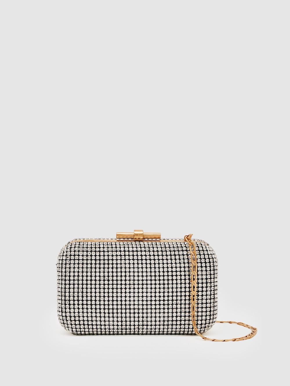 Reiss Crystal-Embellished Box Clutch Bag In Silver