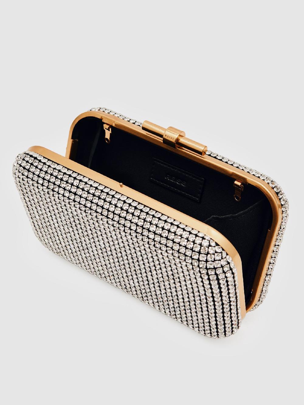 Reiss Crystal-Embellished Box Clutch Bag In Silver