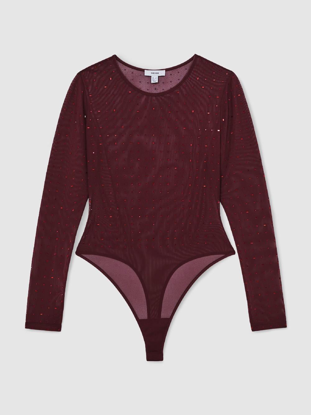 Reiss Crystal-Embellished Mesh Bodysuit In Red