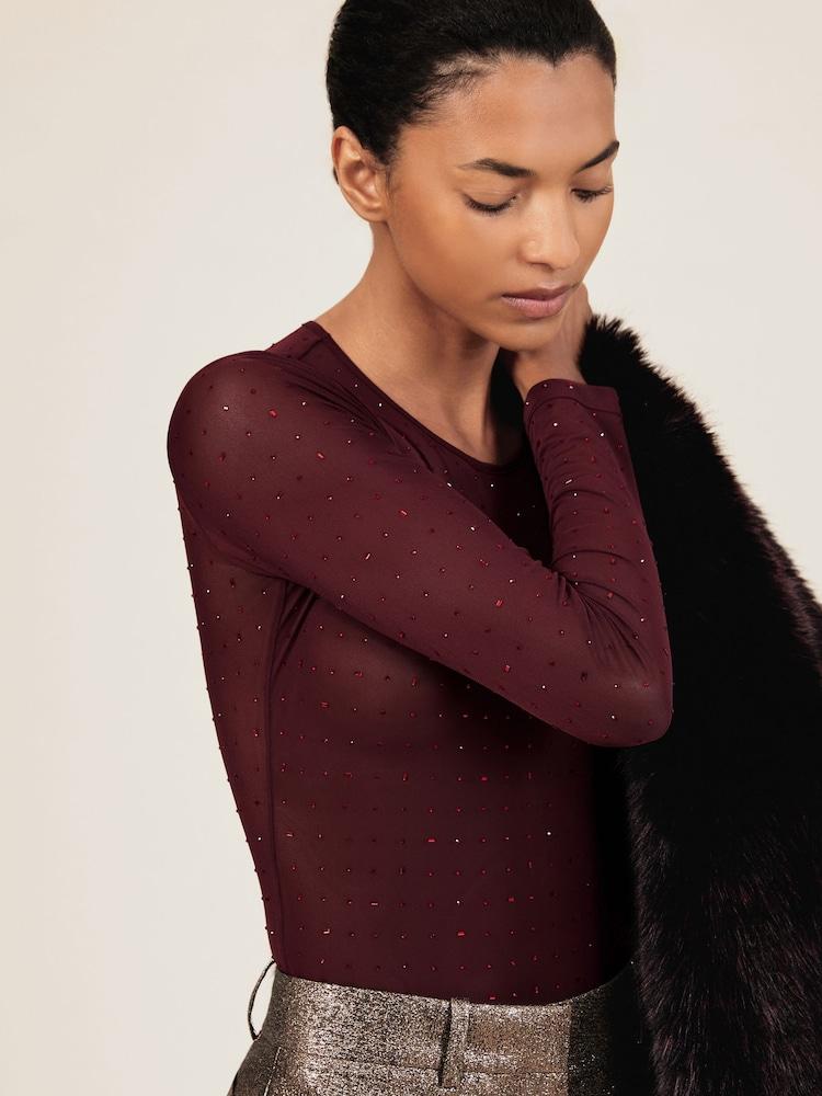 reiss Crystal-Embellished Mesh Bodysuit in Red