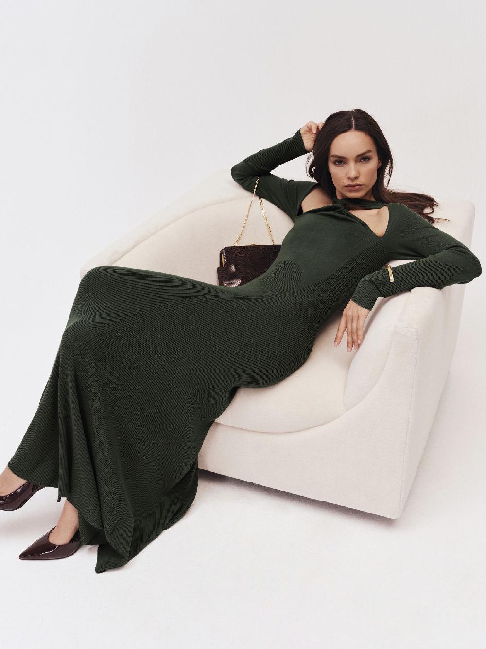 Reiss Cut-Out Knitted Maxi Dress In Dark Green