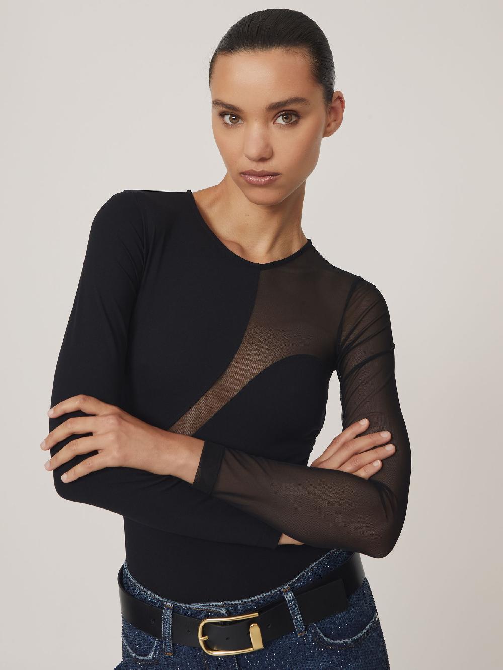Reiss Cut-Out Mesh-Panel Bodysuit In Black
