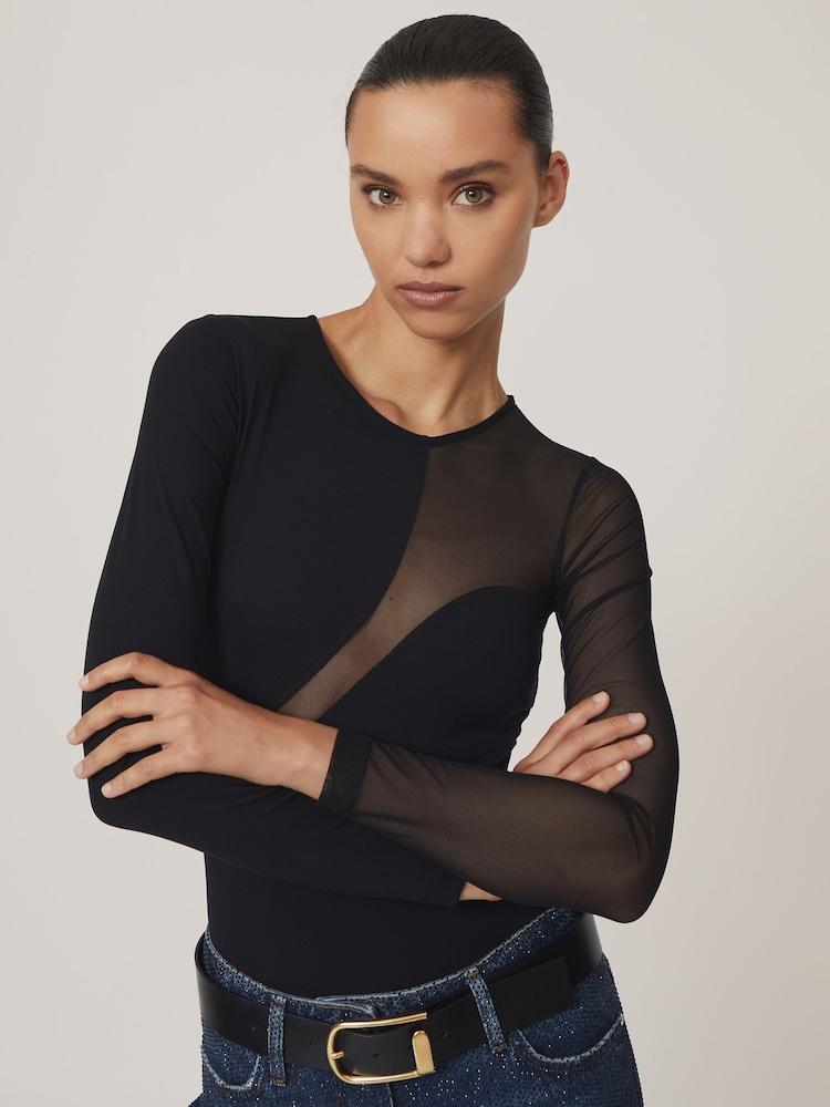 reiss Cut-Out Mesh-Panel Bodysuit in Black