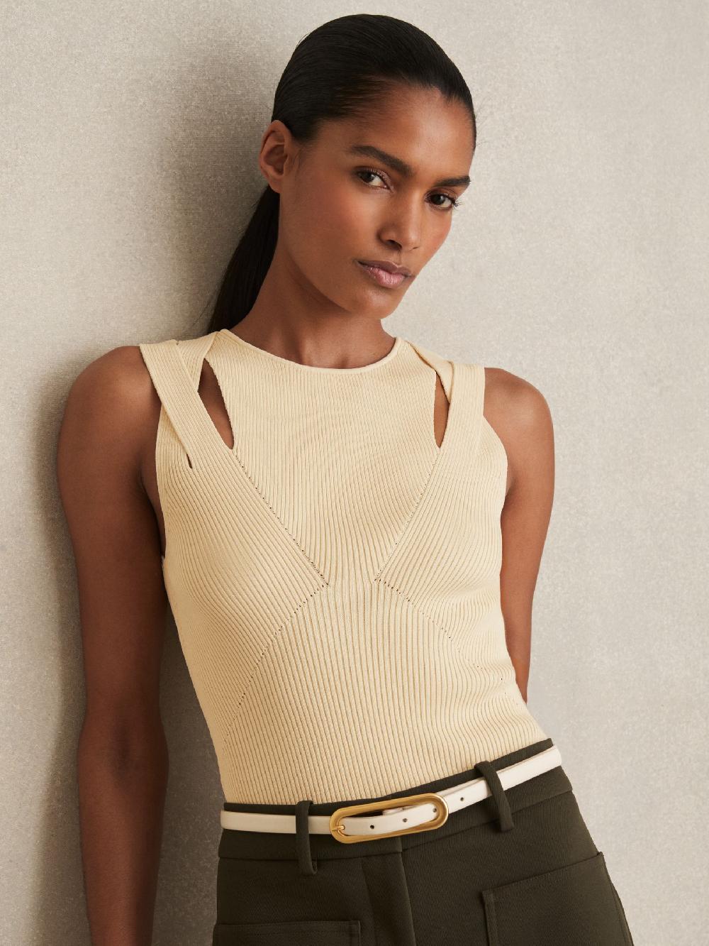 Reiss Cut-Out Rib-Knit Vest In Cream