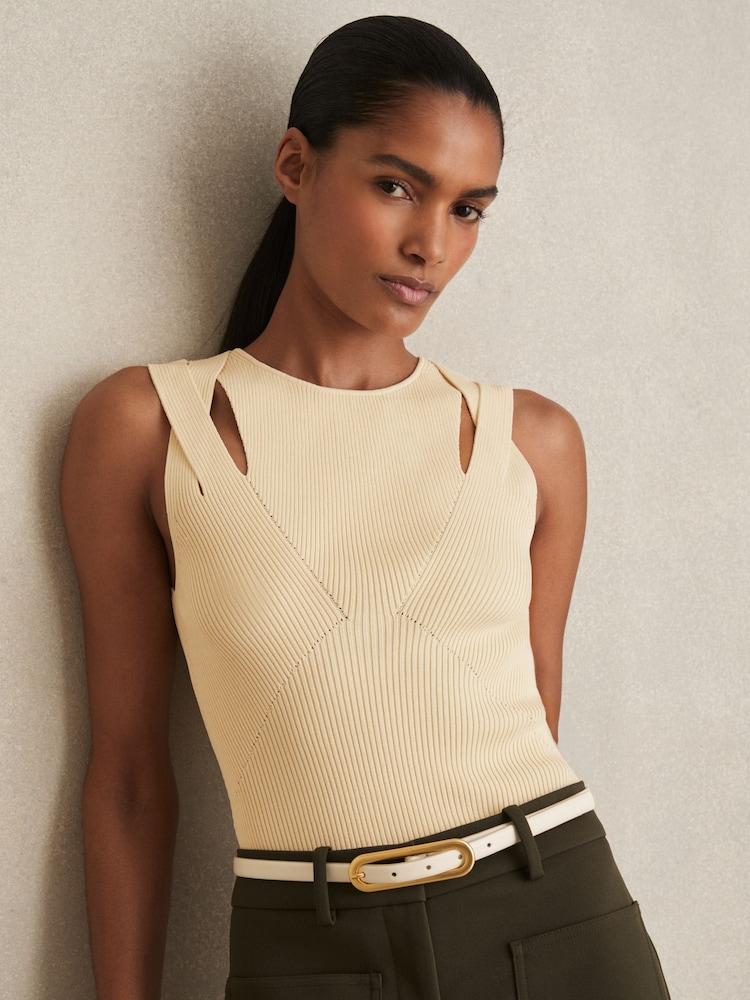 reiss Cut-Out Rib-Knit Vest in Cream