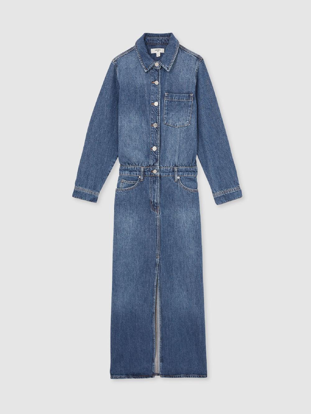 Reiss Denim Button-Through Midi Dress In Indigo