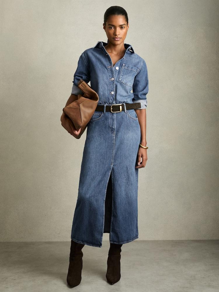 reiss Denim Button-Through Midi Dress in Indigo