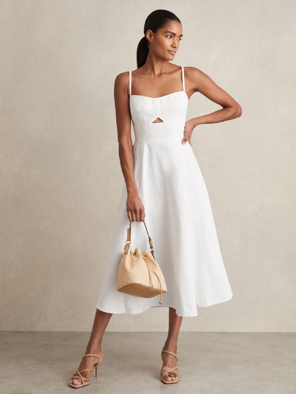 Reiss Denim Fit And Flare Midi Dress In White