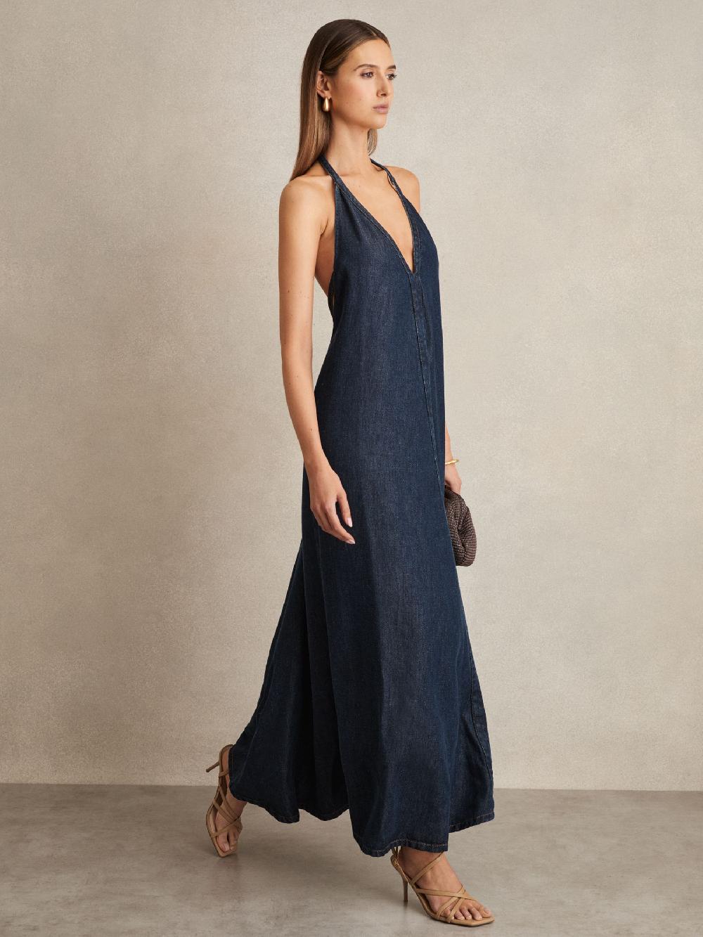 Reiss Denim Halterneck Maxi Dress In Indigo