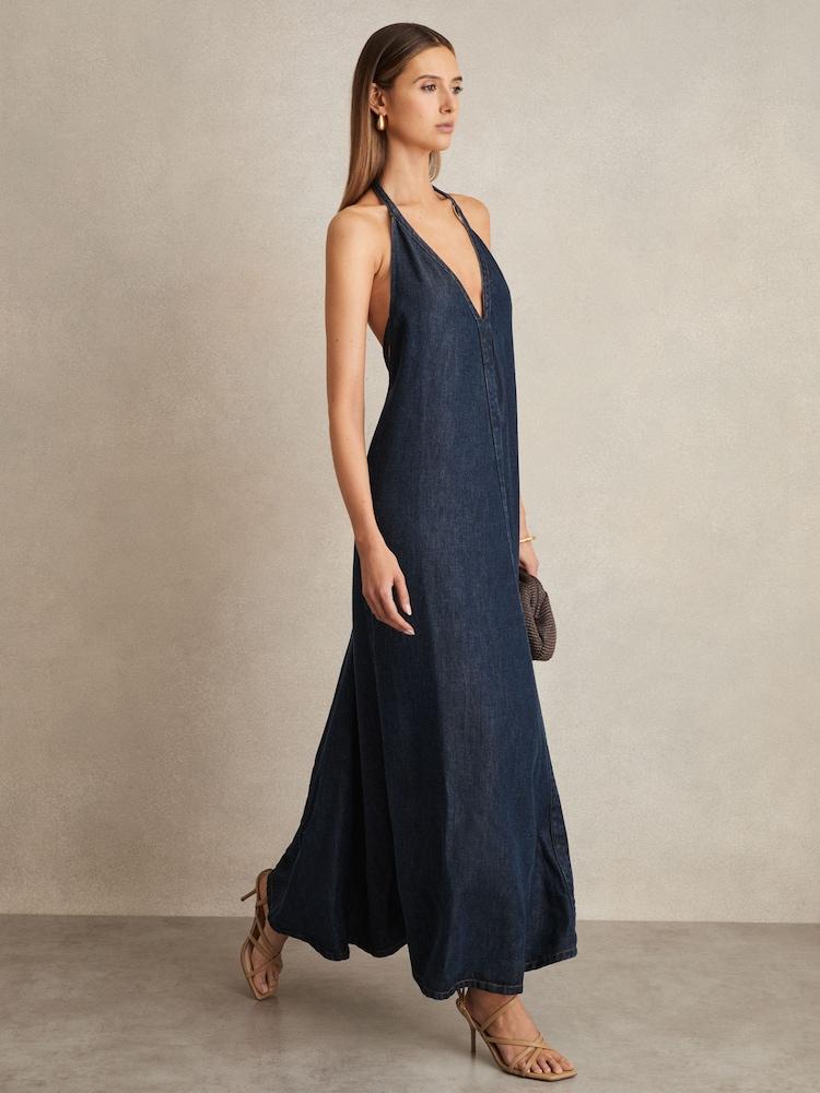 reiss Denim Halterneck Maxi Dress in Indigo