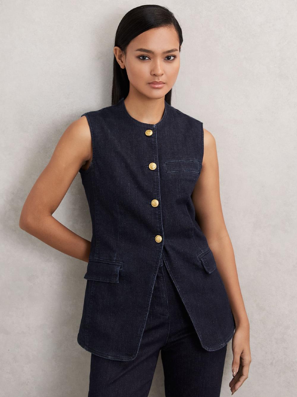 Reiss Denim Long-Line Waistcoat In Dark Blue