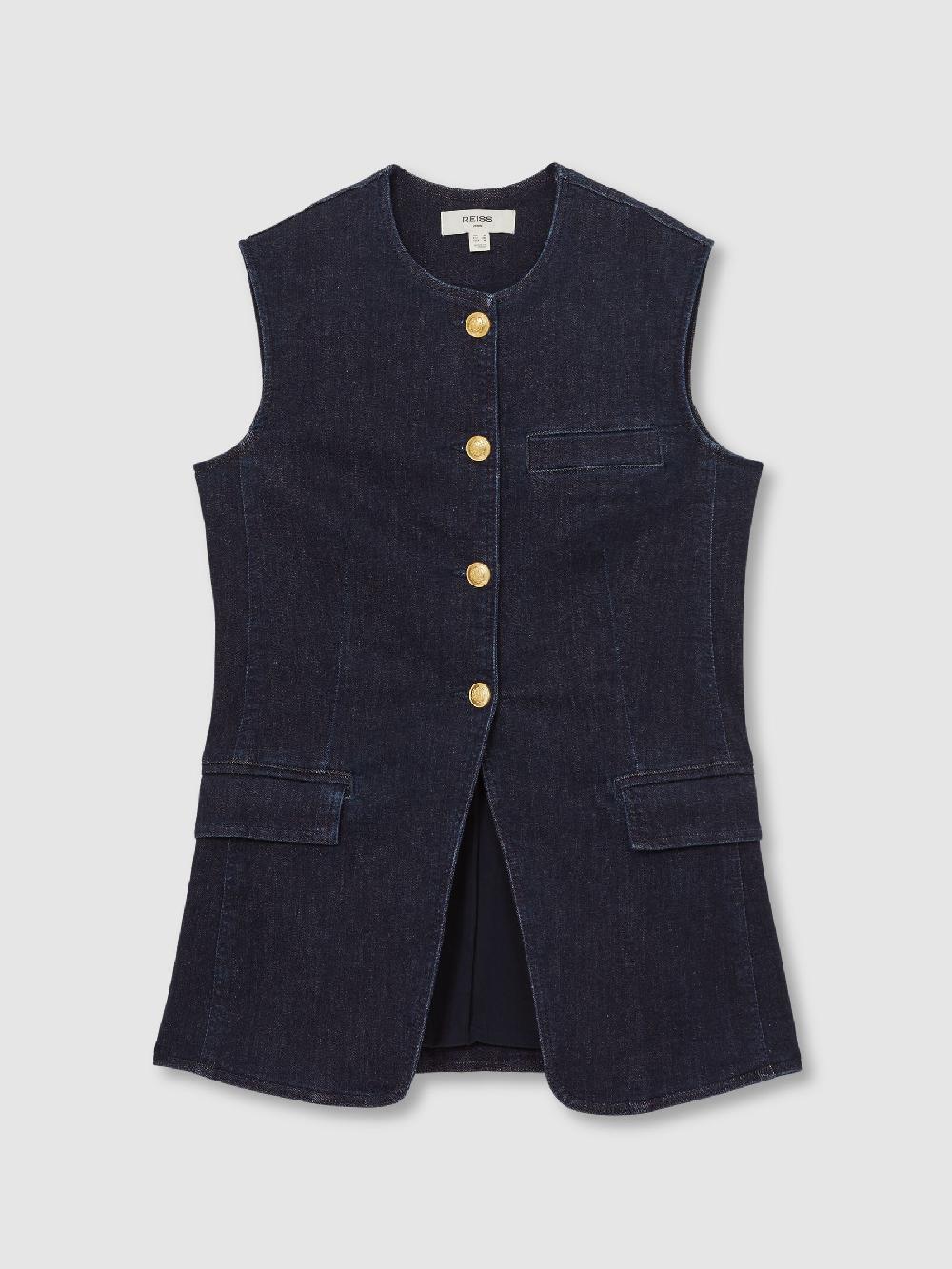 Reiss Denim Long-Line Waistcoat In Dark Blue